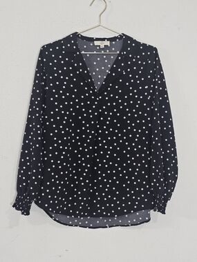 Entro Polka Dot Long Sleeve Blouse Sz S Black & White Smocked Cuff Dark Academia